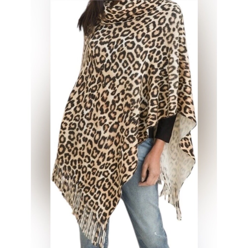 Chico's Poncho Womens Leopard Animal Print Cowl Neck Soft Knit One Size